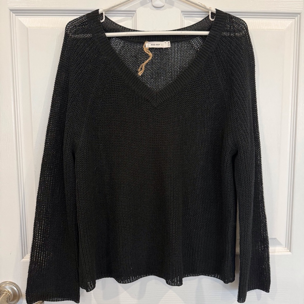 Mod Ref silk blend V neck sweater mesh open knit loose fit layering black M